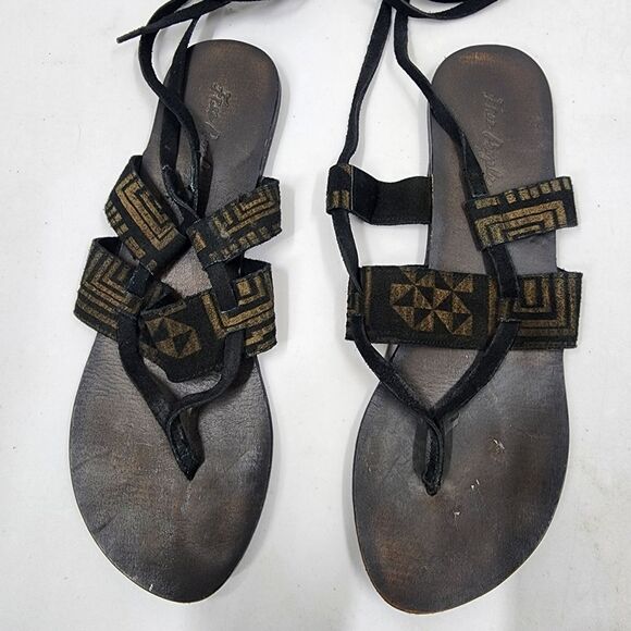 Free People Aztec Pattern Black Suede Lace Up Thong Gladiator Sandals 41 10 - Picture 4 of 7